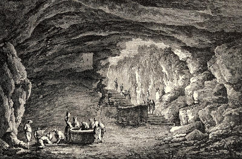 SaintNon3.jpg - Grotta anticamente tagliata nella roccia, vicino l’antica città di Manduria. 
Disegno di Chastelet. Da :  Saint Non Voyage pittoresque des Royaumes de Naples et de Sicilie
