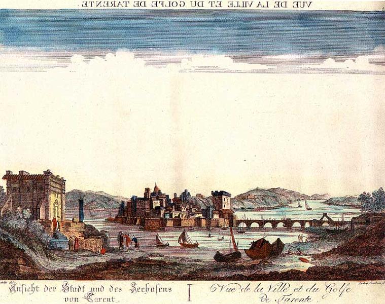 Chastelet-1720.jpg - Veduta della città e del golfo di Taranto (incisione di Ludwig Grandman , speculare di un disegno di Chastelet, del 1778)
